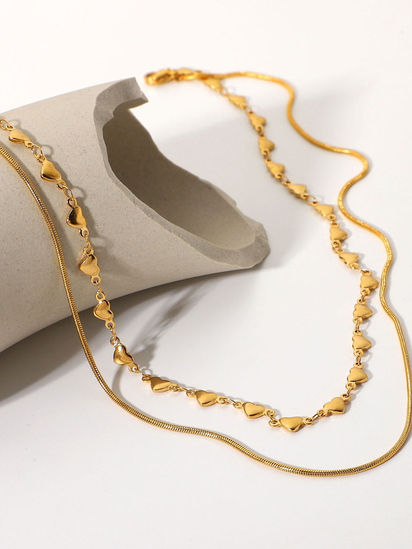 Double-Layered Heart and Snake Chain Necklace - TEXVIN